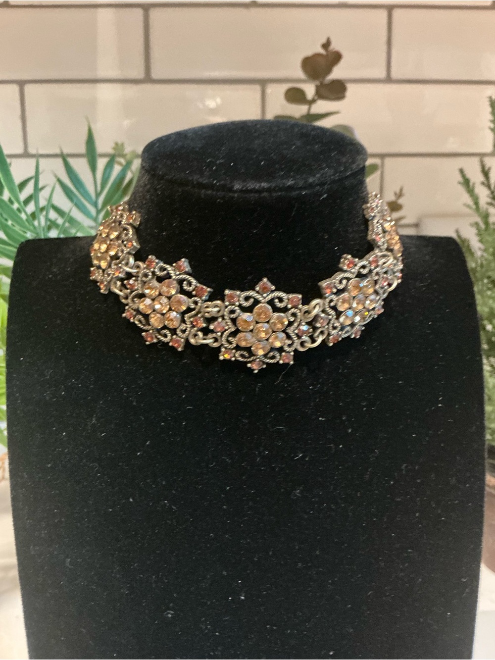 Ornate Gold-Tone Crystal Floral Choker Necklace